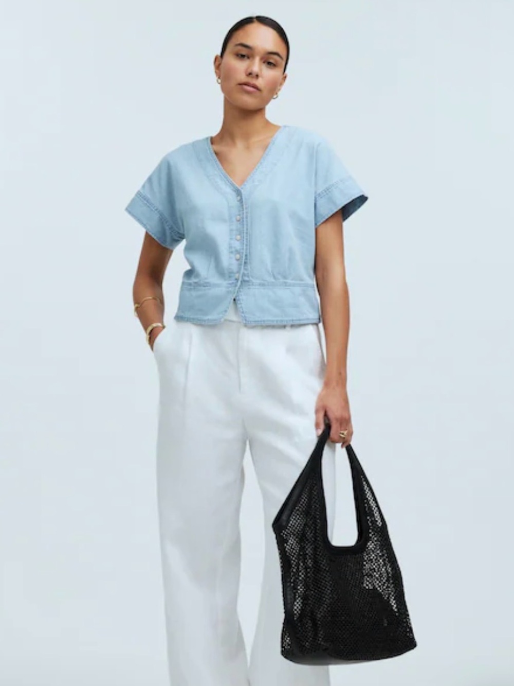 Madewell Cotton Button Down Blue Chambray Short Sleeve Denim Top Sz. L Pleated